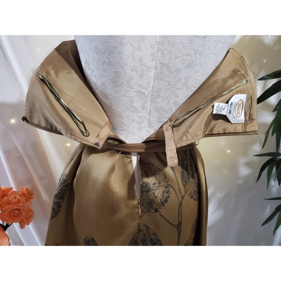 Talbots Vtg 100% Silk Leaf Tie Waist Strapless Dress Womens Size 10 Gold Beige - Picture 7 of 13